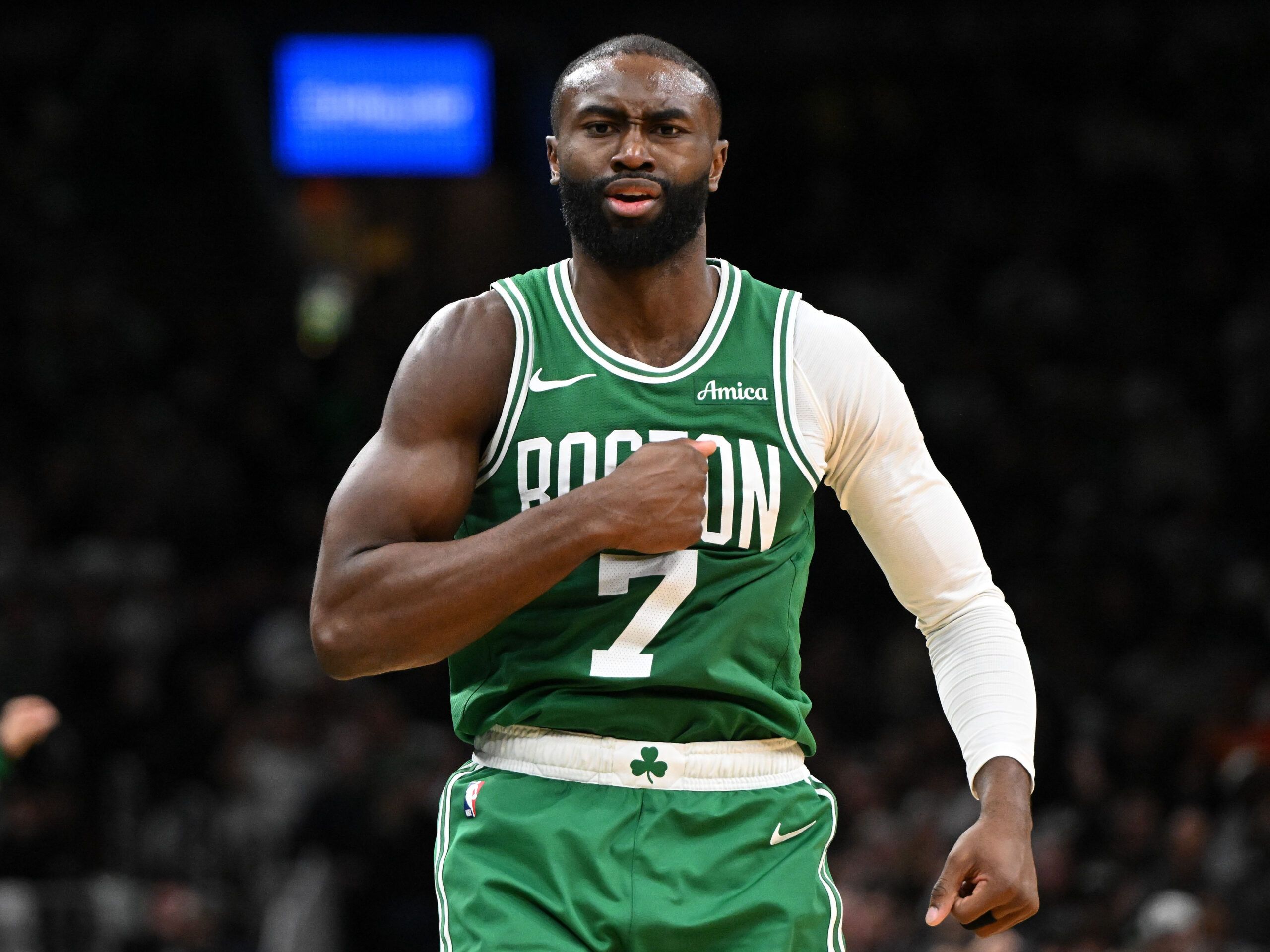 Boston Celtics guard Jaylen Brown (7) reacts after scoring against the New York Knicks during the second half at the TD Garden.