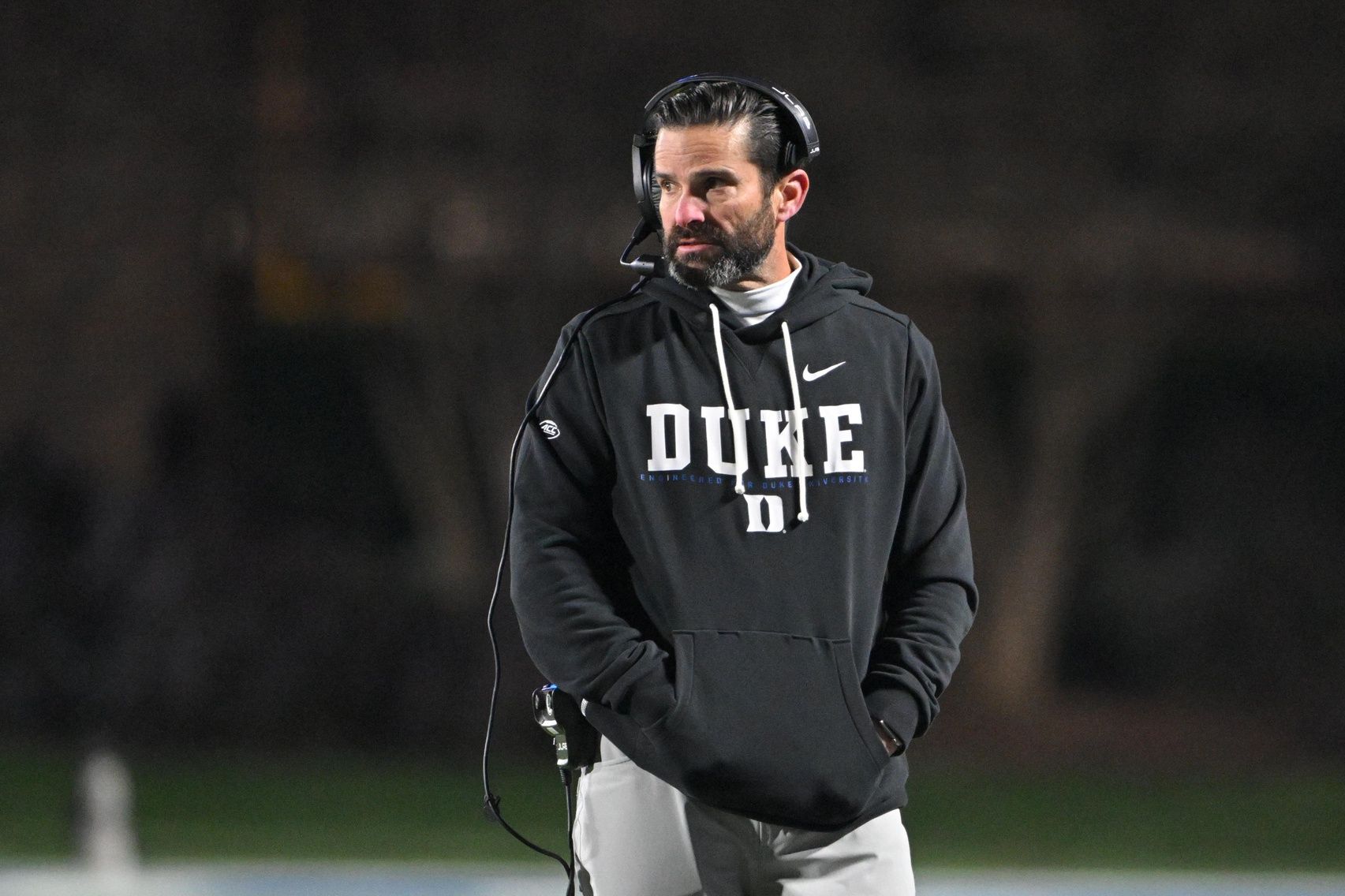 Duke Blue Devils head coach Manny Diaz looks on against the Wake Forest Demon Deacons during the fourth quarter at Wallace Wade Stadium.