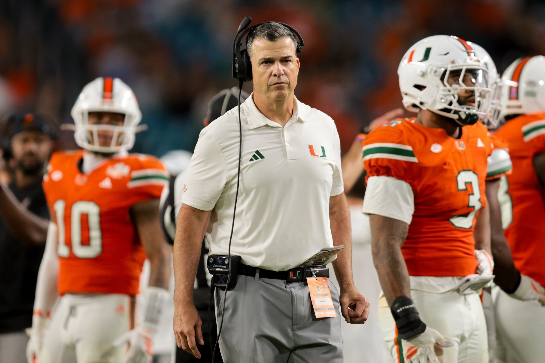 Miami Hurricanes head coach Mario Cristobal watches from the sideline against NC State Wolfpack during the third quarter at Hard Rock Stadium.