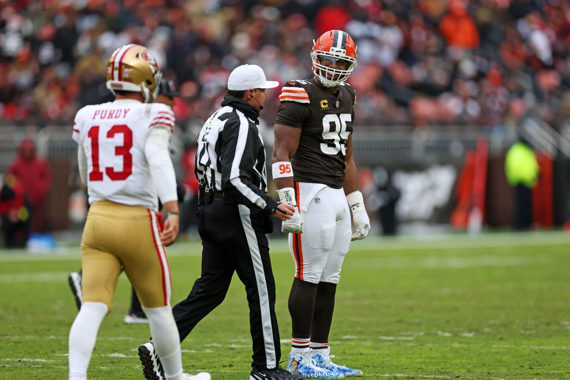 Cleveland Browns defensive end Myles Garrett (95) reacts after a play against San Francisco 49ers quarterback Brock Purdy (13) during the second half at Huntington Bank Field.