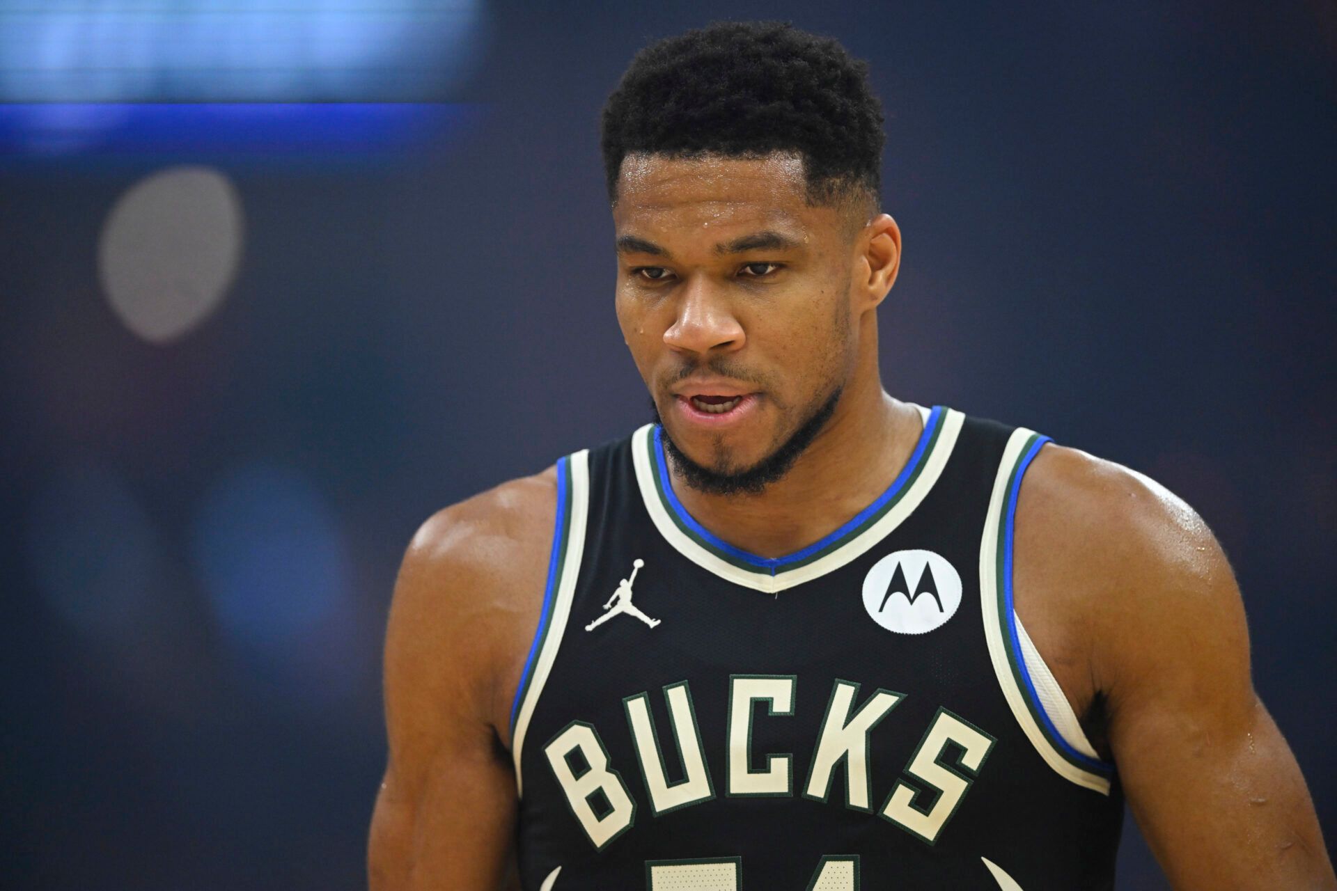 Milwaukee Bucks forward Giannis Antetokounmpo (34) walks on the court in the first quarter against the Cleveland Cavaliers at Rocket Arena.