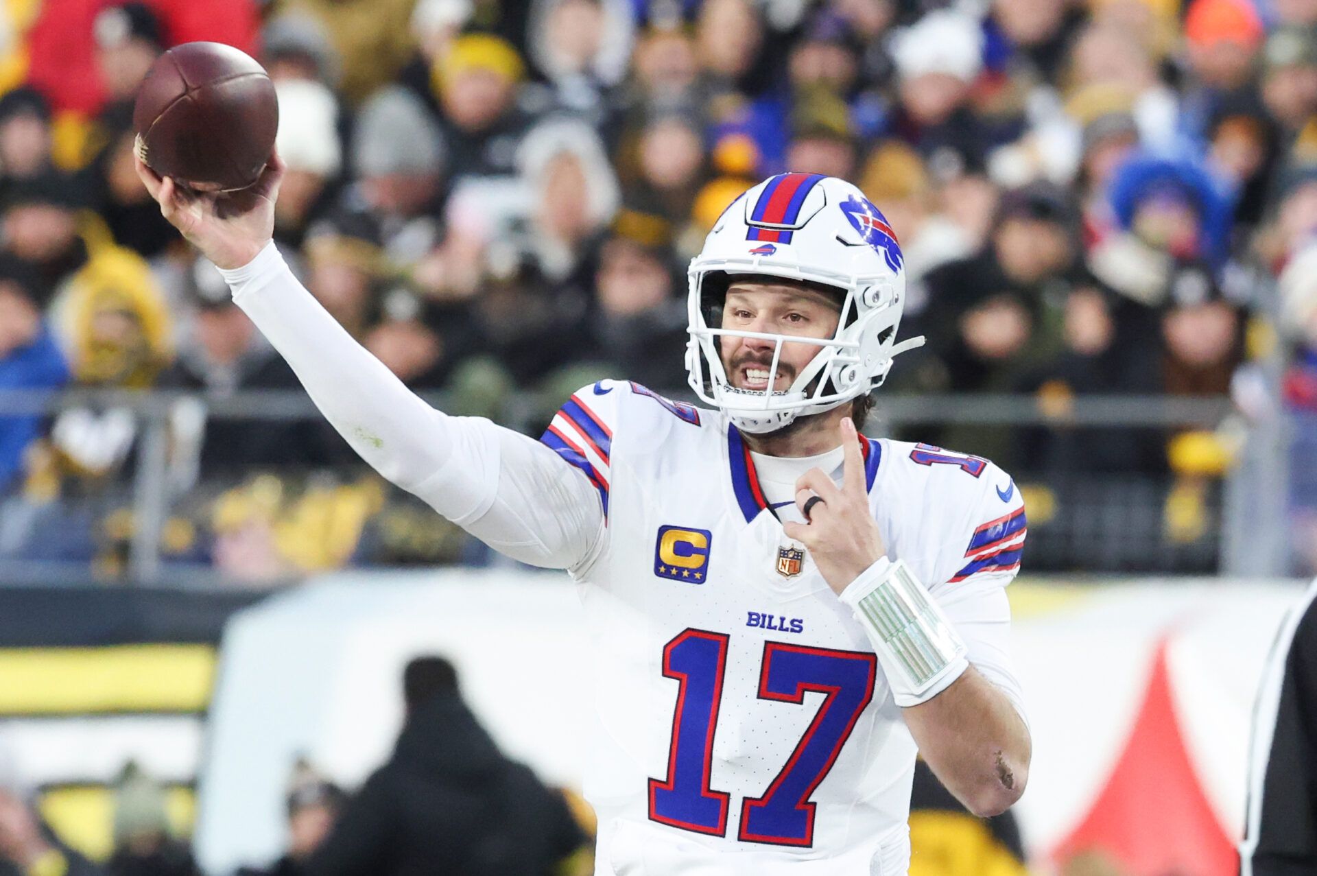 Buffalo Bills quarterback Josh Allen (17) throws a pass during the first quarter against the Pittsburgh Steelers at Acrisure Stadium.