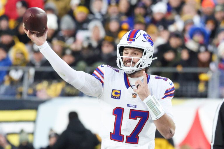 Buffalo Bills quarterback Josh Allen (17) throws a pass during the first quarter against the Pittsburgh Steelers at Acrisure Stadium.