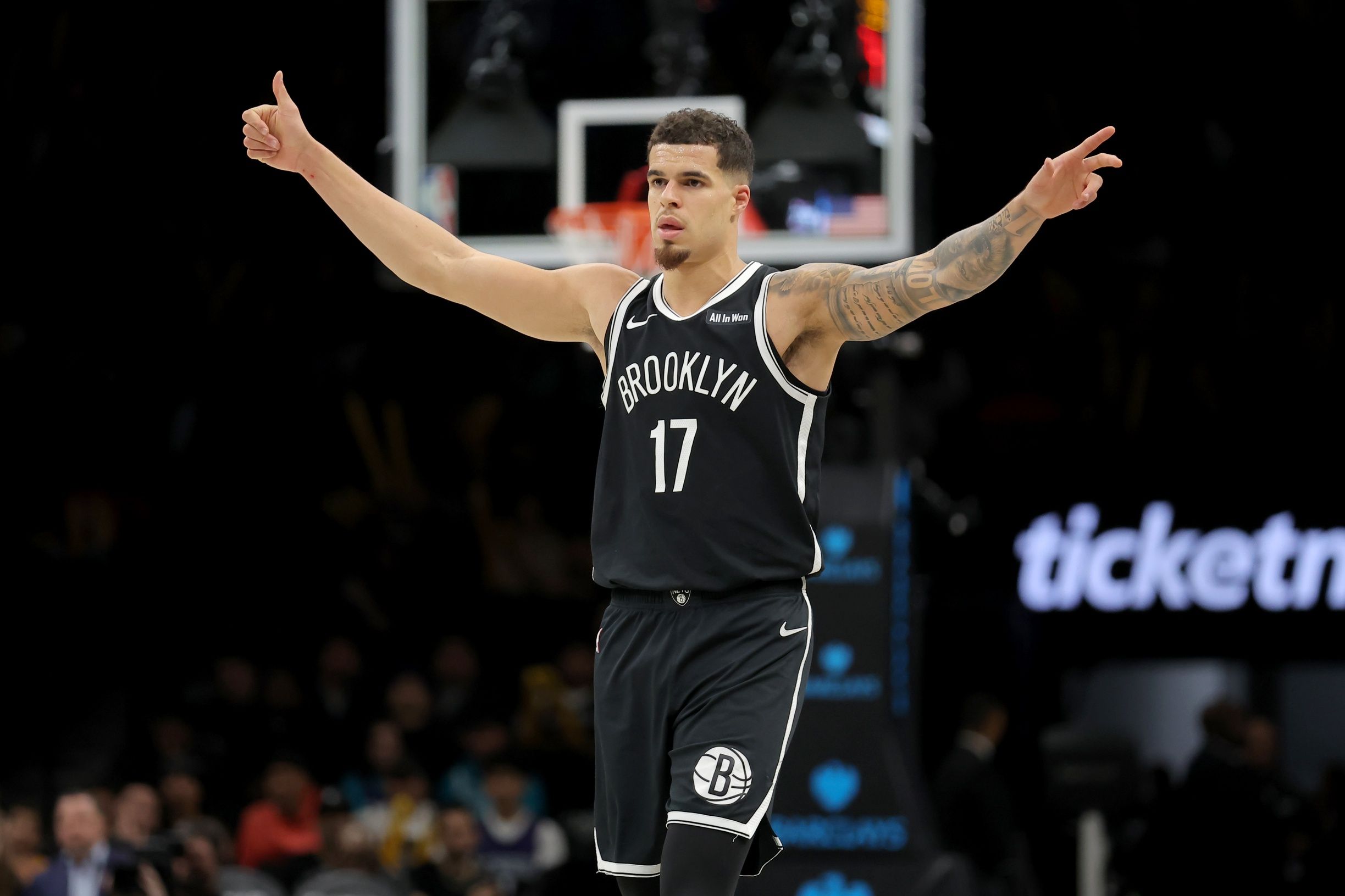 Brooklyn Nets forward Michael Porter Jr. (17) reacts during the third quarter against the Charlotte Hornets at Barclays Center.