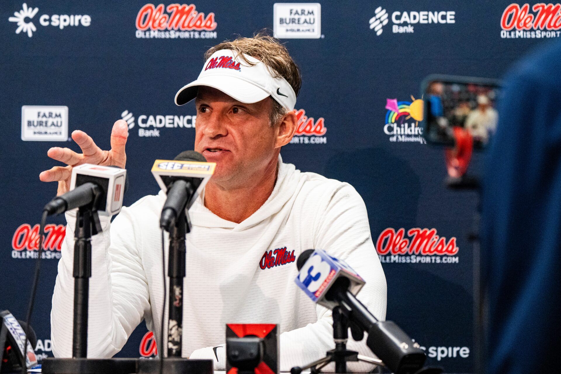 Ole Miss head coach Lane Kiffin answers questions from the press after a college football game between Mississippi State and Ole Miss at Davis Wade Stadium in Starkville, Miss., on Friday, Nov. 28, 2025. Ole Miss defeated Mississippi State 38-19 in the Egg Bowl.