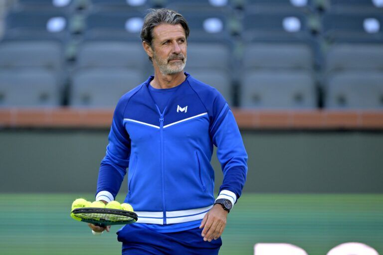 Patrick Mouratoglou, coach of Naomi Osaka, looks on during the first day of the BNP Paribas open at the Indian Well Tennis Garden.