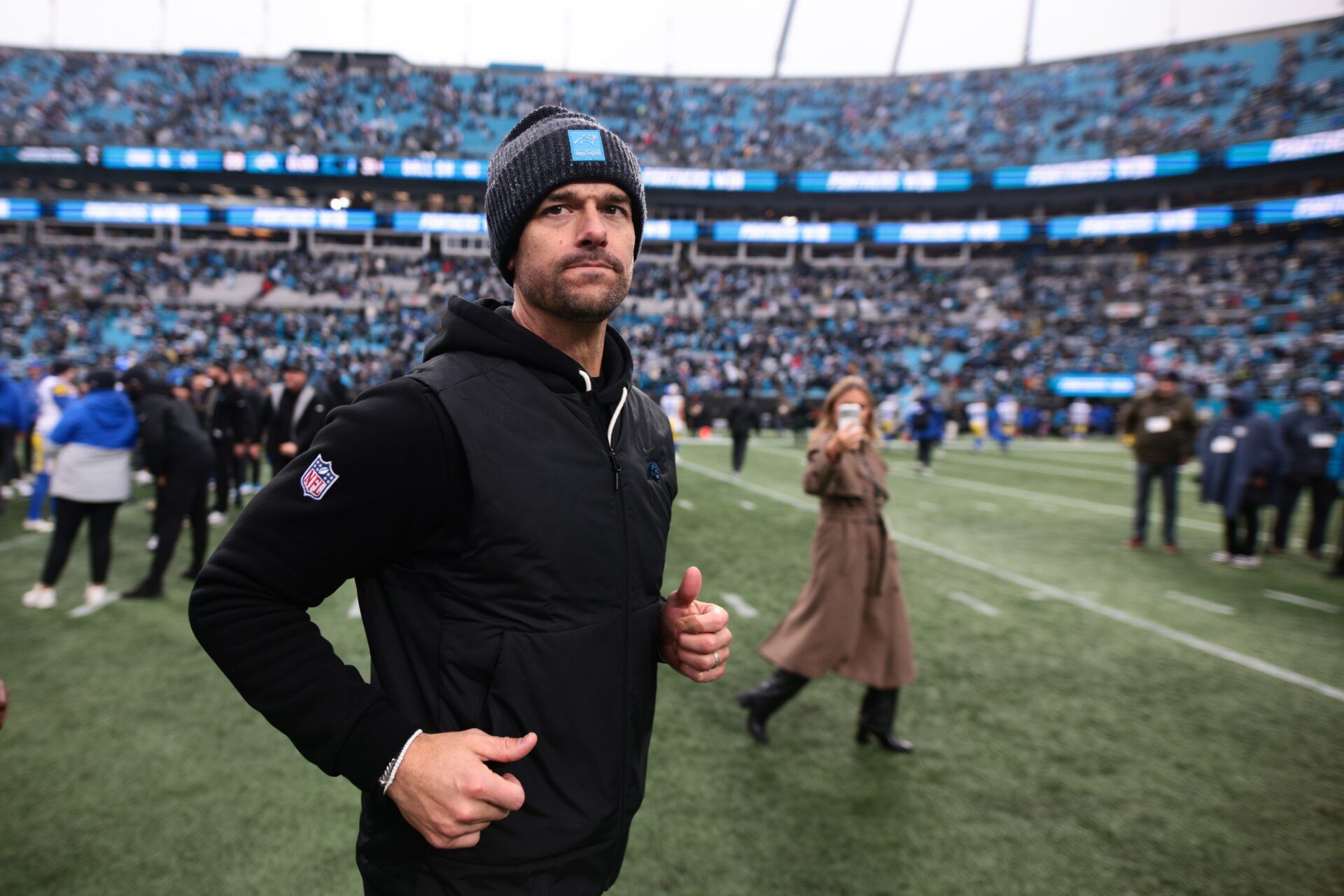Carolina Panthers head coach Dave Canales looks on after the game against the Los Angeles Rams at Bank of America Stadium.