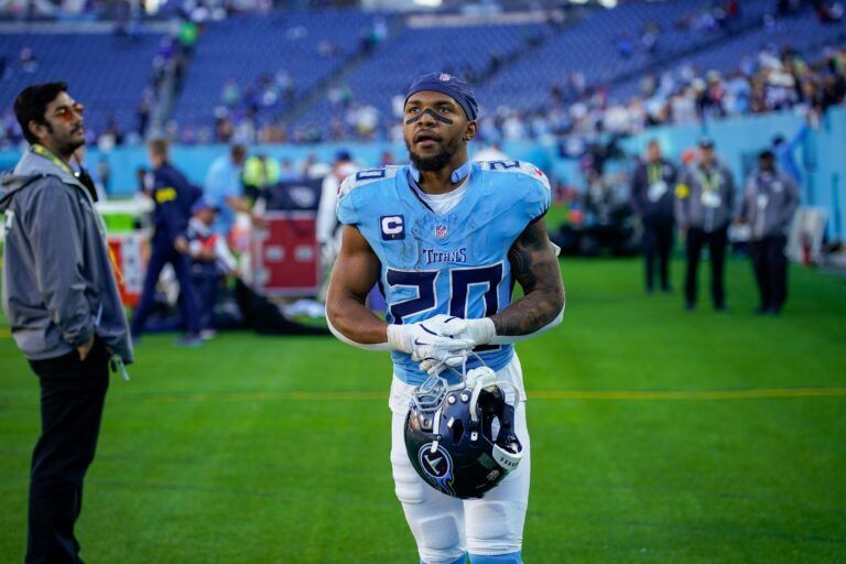 Tennessee Titans running back Tony Pollard (20) exits the field after the game against the Seattle Seahawks at Nissan Stadium in Nashville, Tenn., Sunday, Nov. 23, 2025.