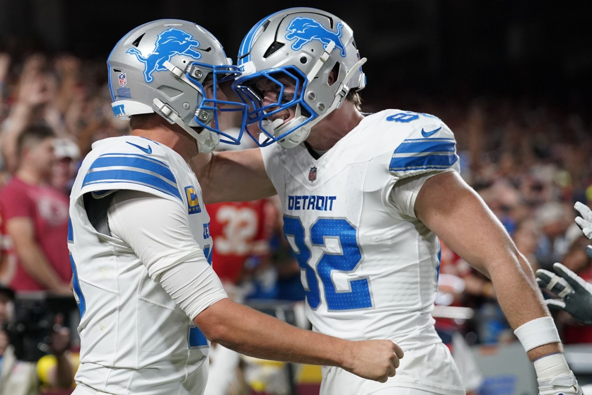 Detroit Lions quarterback Jared Goff (16) reacts after rushing for a touchdown against the Kansas City Chiefs during the first half at GEHA Field at Arrowhead Stadium.