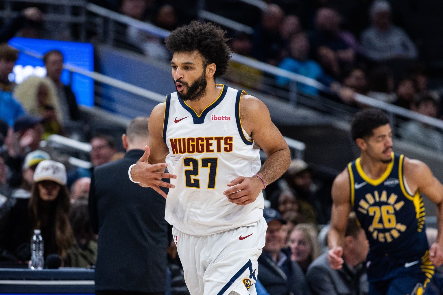 Denver Nuggets guard Jamal Murray (27) celebrates a made basket in the second half against the Indiana Pacers at Gainbridge Fieldhouse.