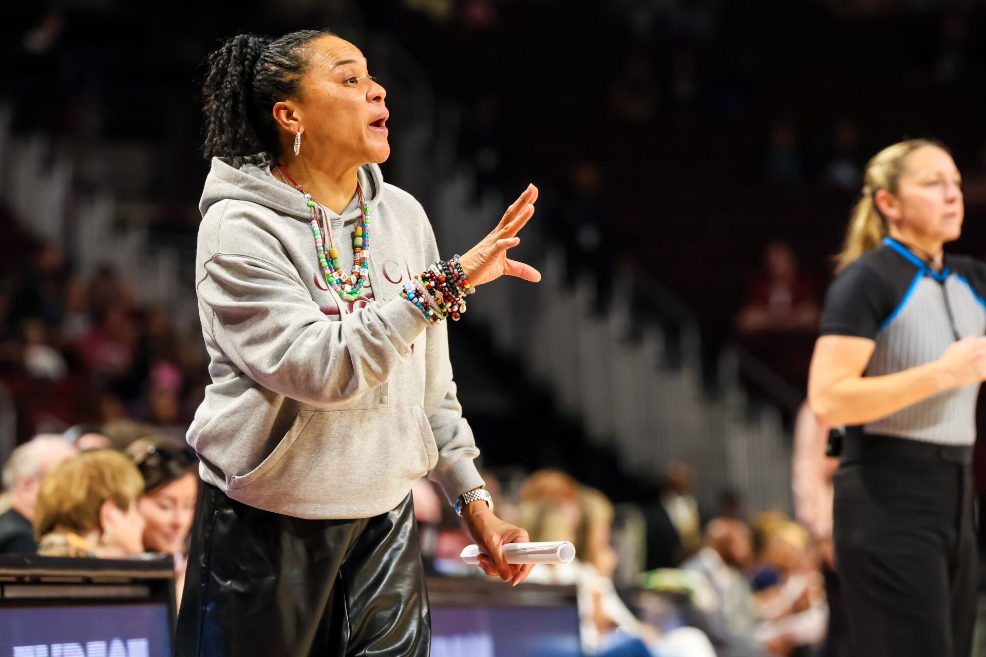 South Carolina Gamecocks head coach Dawn Staley directs her team against the Queens Royals in the second half at Colonial Life Arena.