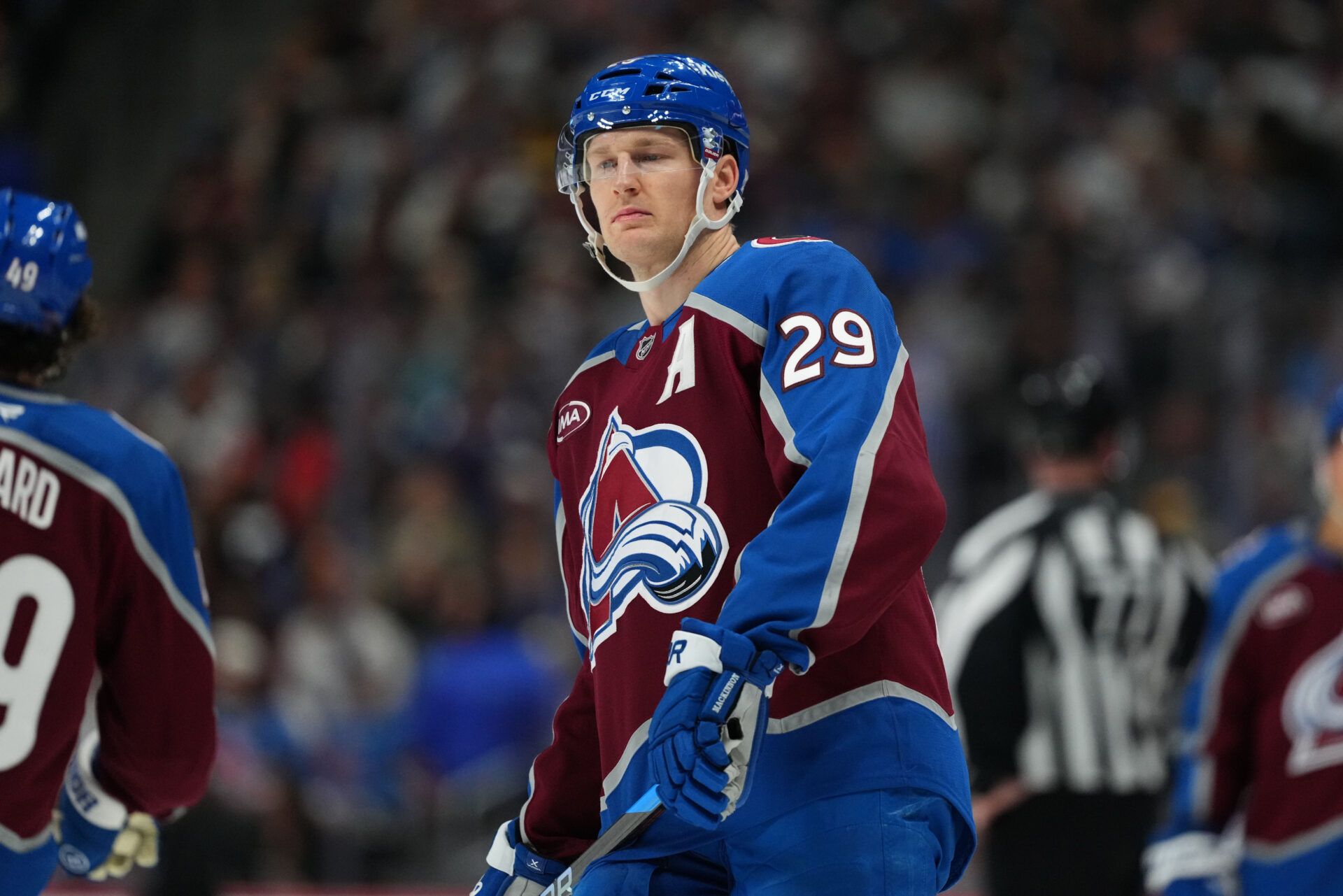 Colorado Avalanche center Nathan MacKinnon (29) during  the second period against the Vancouver Canucks at Ball Arena.