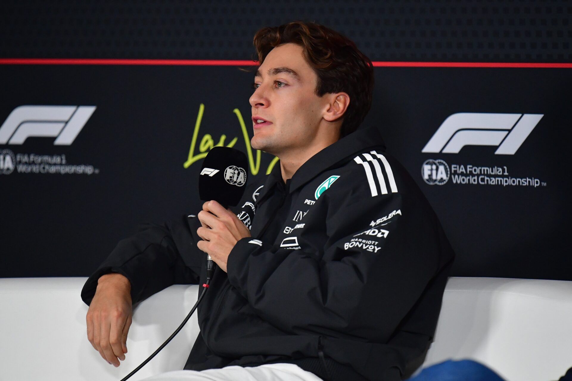 Mercedes driver George Russell (63) during media availabilities at Las Vegas Strip Circuit.