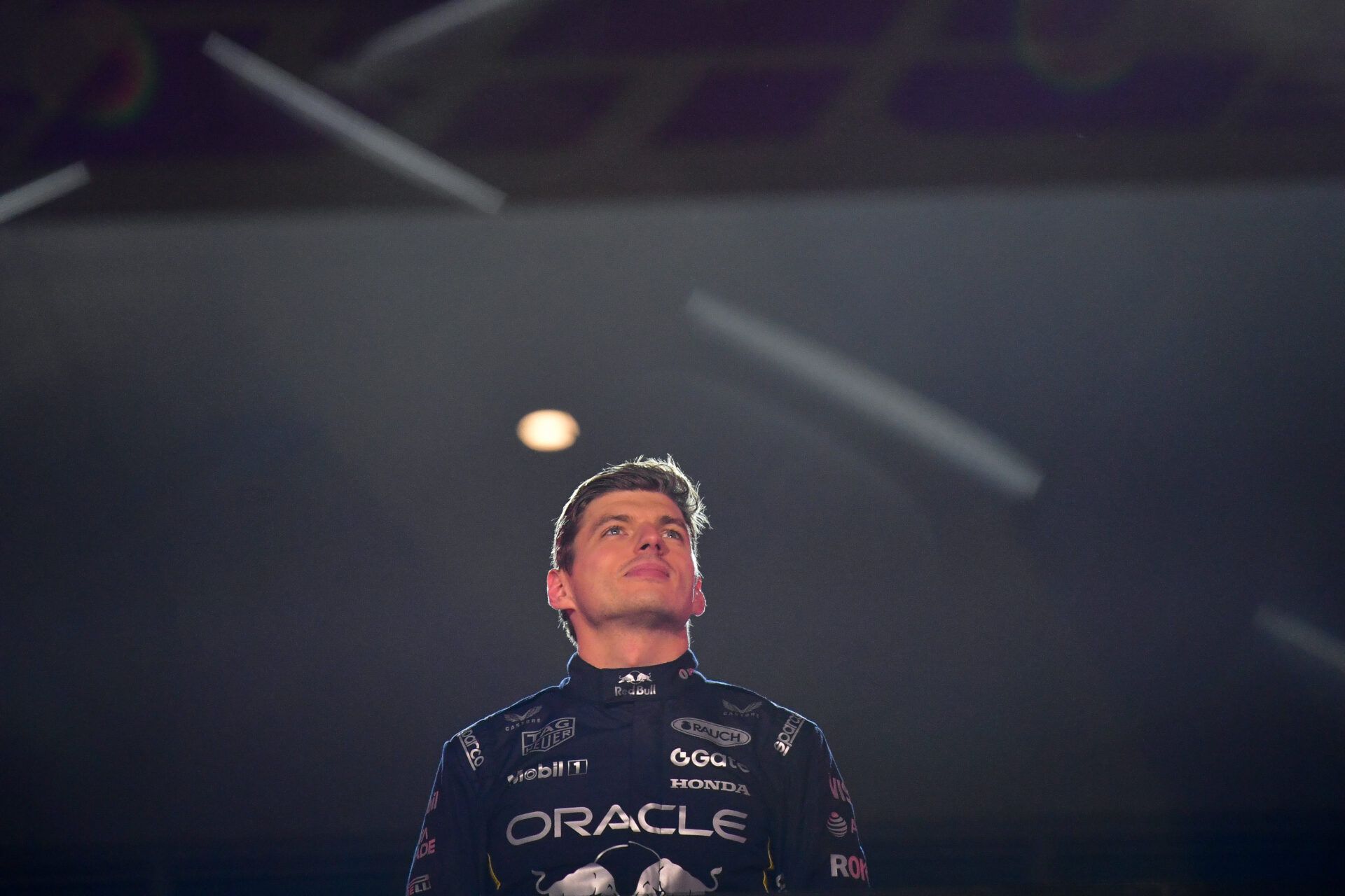 2025; Las Vegas, NV, USA; Red Bull Racing driver Max Verstappen (1) celebrates his victory of the Las Vegas Grand Prix at Las Vegas Strip Circuit.
