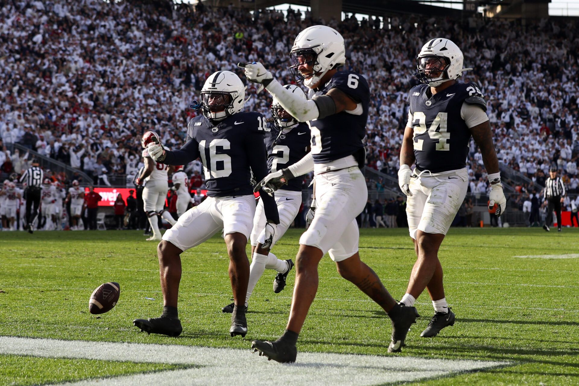 Penn State Nittany Lions safety King Mack (16) celebrates with teammates after intercepting the ball during the fourth quarter against the Indiana Hoosiers at Beaver Stadium.