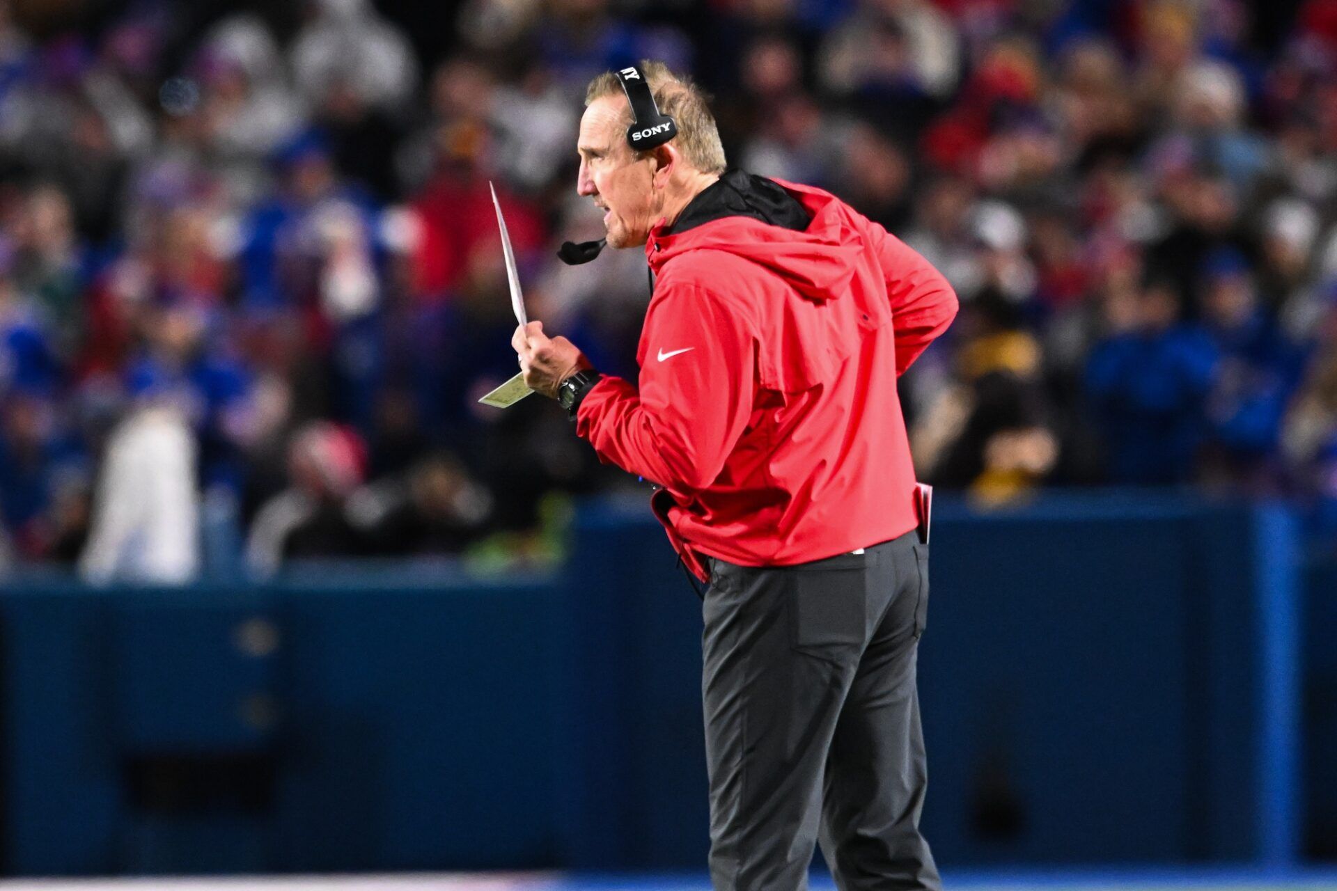 Kansas City Chiefs defensive coordinator Steve Spagnuolo reacts from the sideline during the second half against the Buffalo Bills at Highmark Stadium.