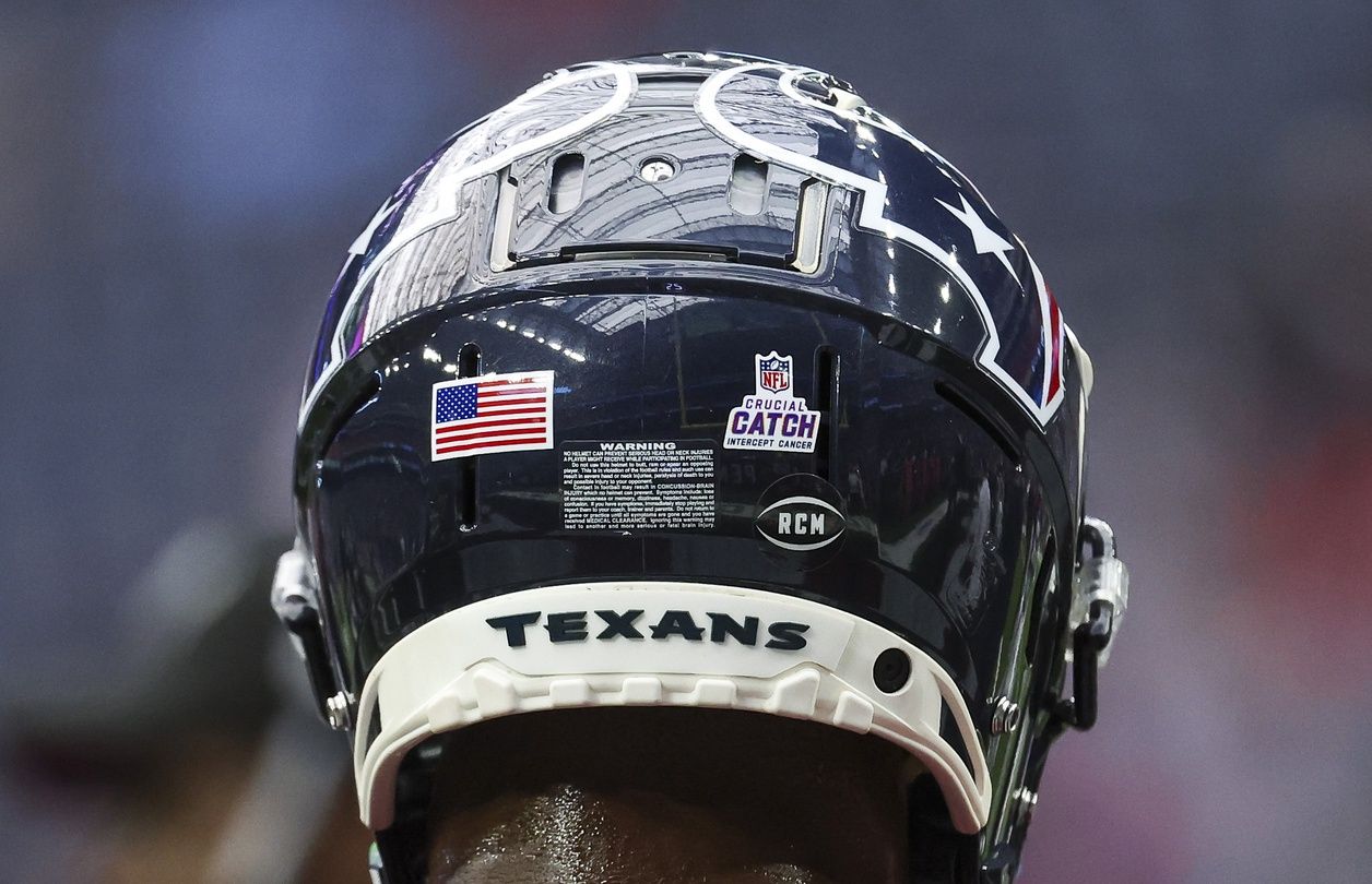 General view of a Crucial Catch logo on the helmet of Houston Texans wide receiver Robert Woods (2) before the game against the New Orleans Saints at NRG Stadium.
