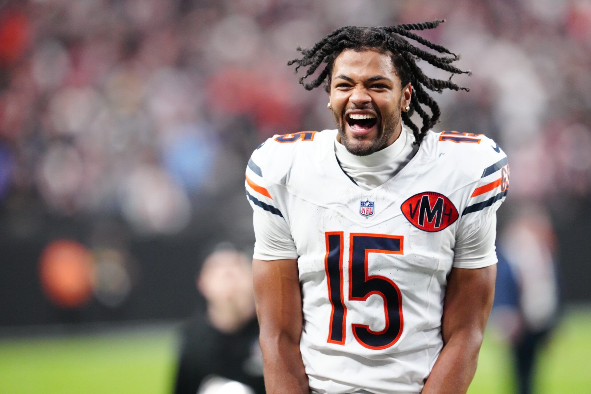 Chicago Bears wide receiver Rome Odunze (15) celebrates after the game against the Las Vegas Raiders at Allegiant Stadium.