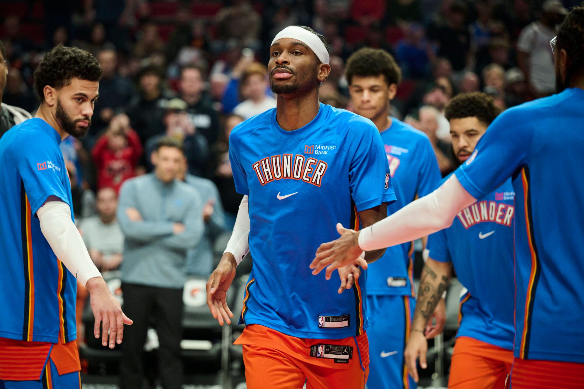 Oklahoma City Thunder guard Shai Gilgeous-Alexander (2) greets teammates during introductions before a game against the Portland Trail Blazers at Moda Center.