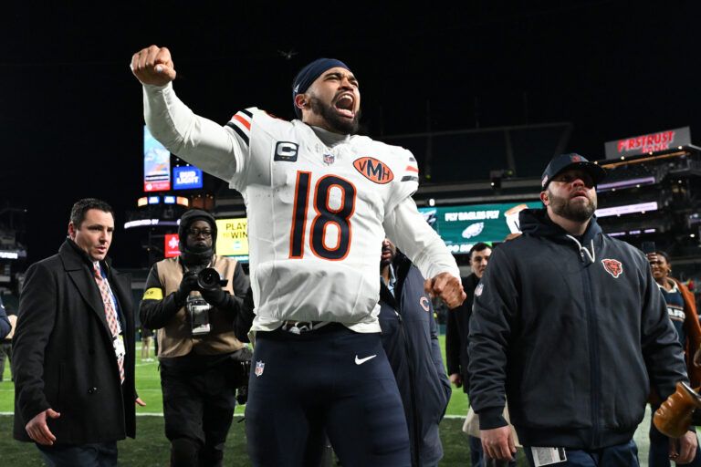 Chicago Bears quarterback Caleb Williams (18) celebrates after the game against the Philadelphia Eagles at Lincoln Financial Field.