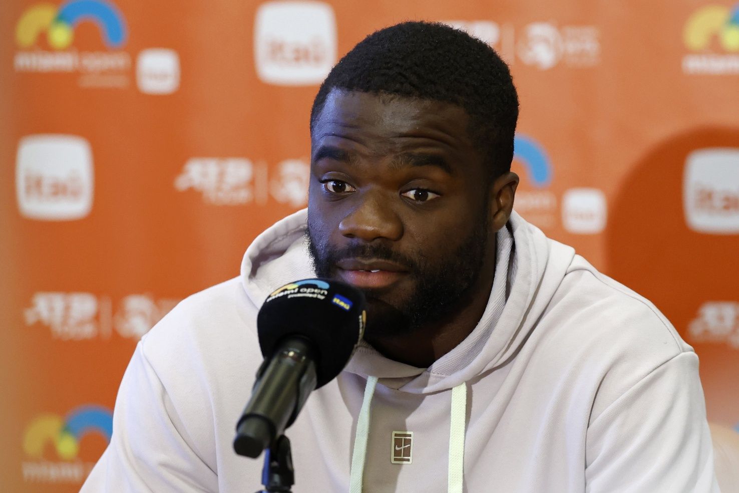 Frances Tiafoe (USA) speaks with the media on day two of the Miami Open at Hard Rock Stadium.