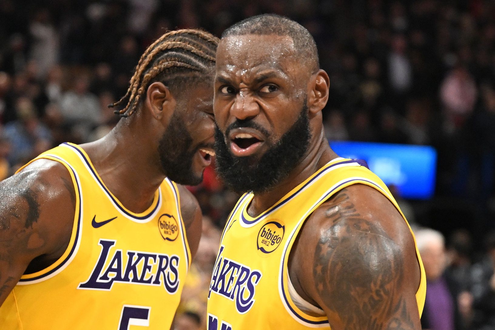 Los Angeles Lakers forward LeBron James (23) reacts after a win over the Toronto Raptors at Scotiabank Arena.