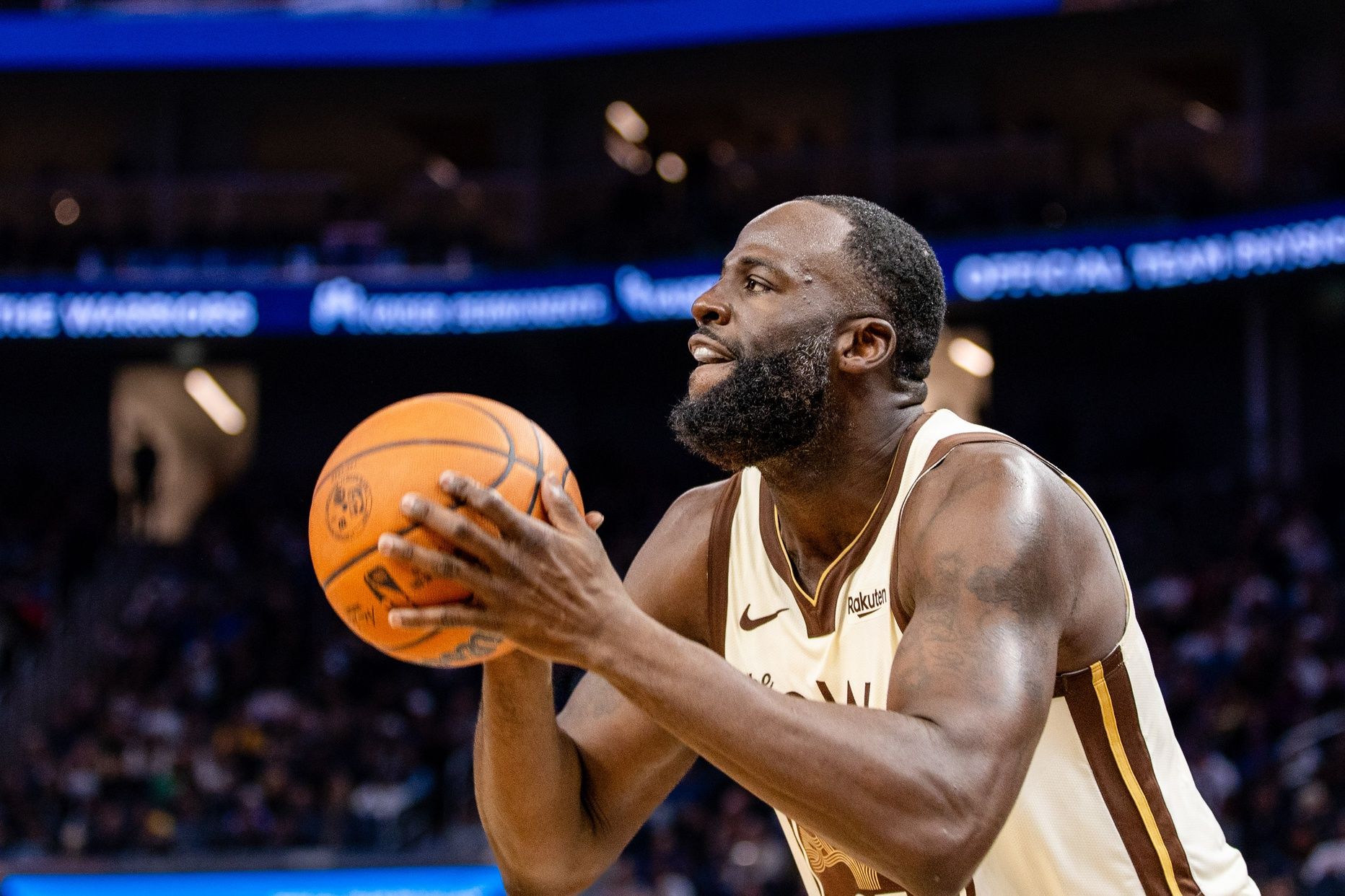 Golden State Warriors forward Draymond Green (23) takes a three-point shot against the New Orleans Pelicans during the fourth quarter at Chase Center.