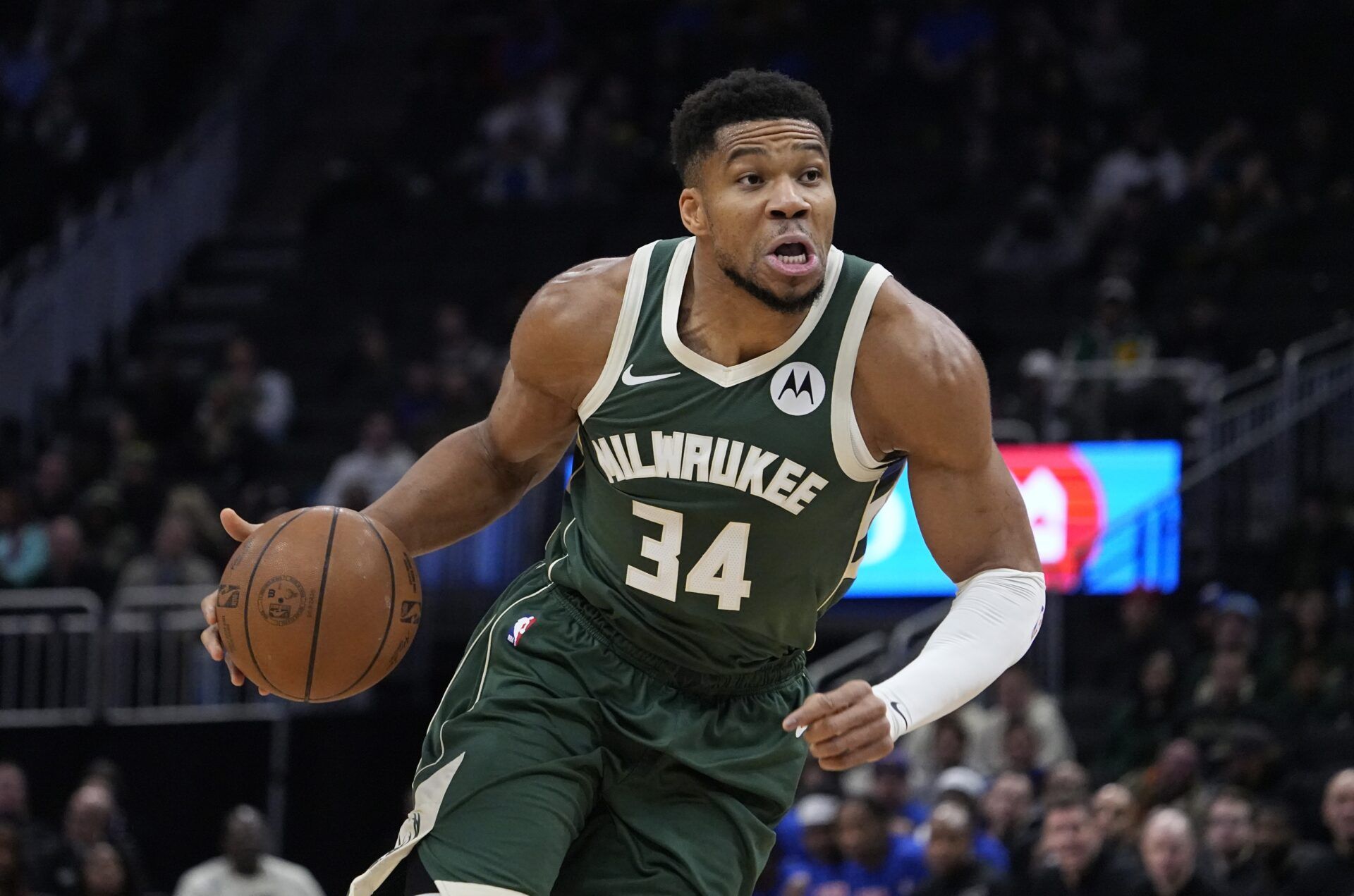 Milwaukee Bucks forward Giannis Antetokounmpo (34) drives to the basket in the first half against the Detroit Pistons at Fiserv Forum.