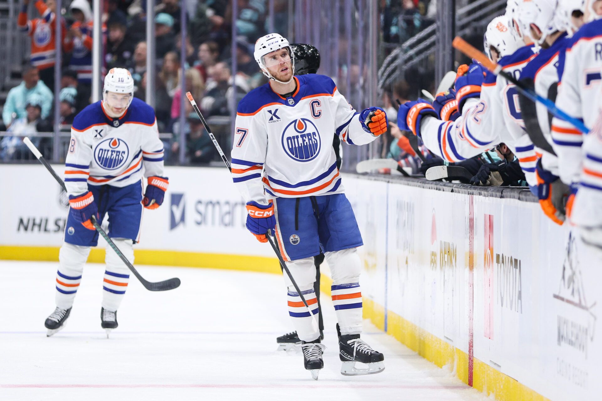 Edmonton Oilers center Connor McDavid (97) celebrates a goal against the Seattle Kraken in the third period at Climate Pledge Arena.