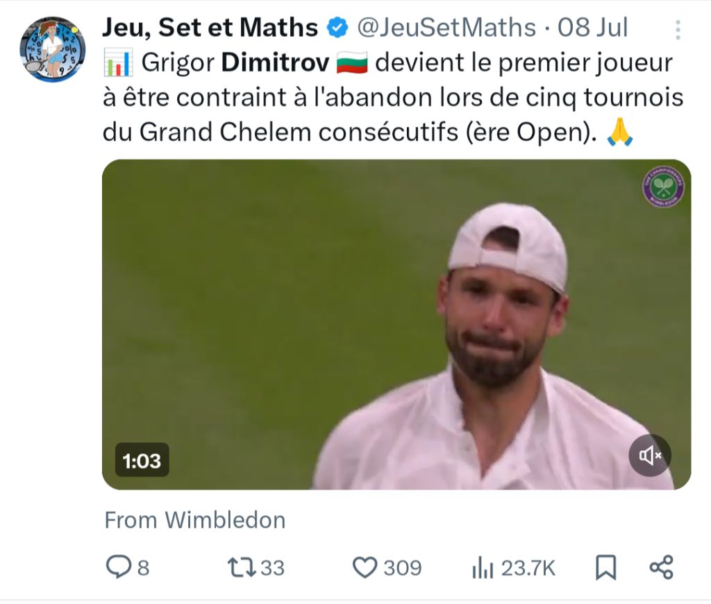 Grigor Dimitrov was forced to retire at Wimbledon after crushing injury