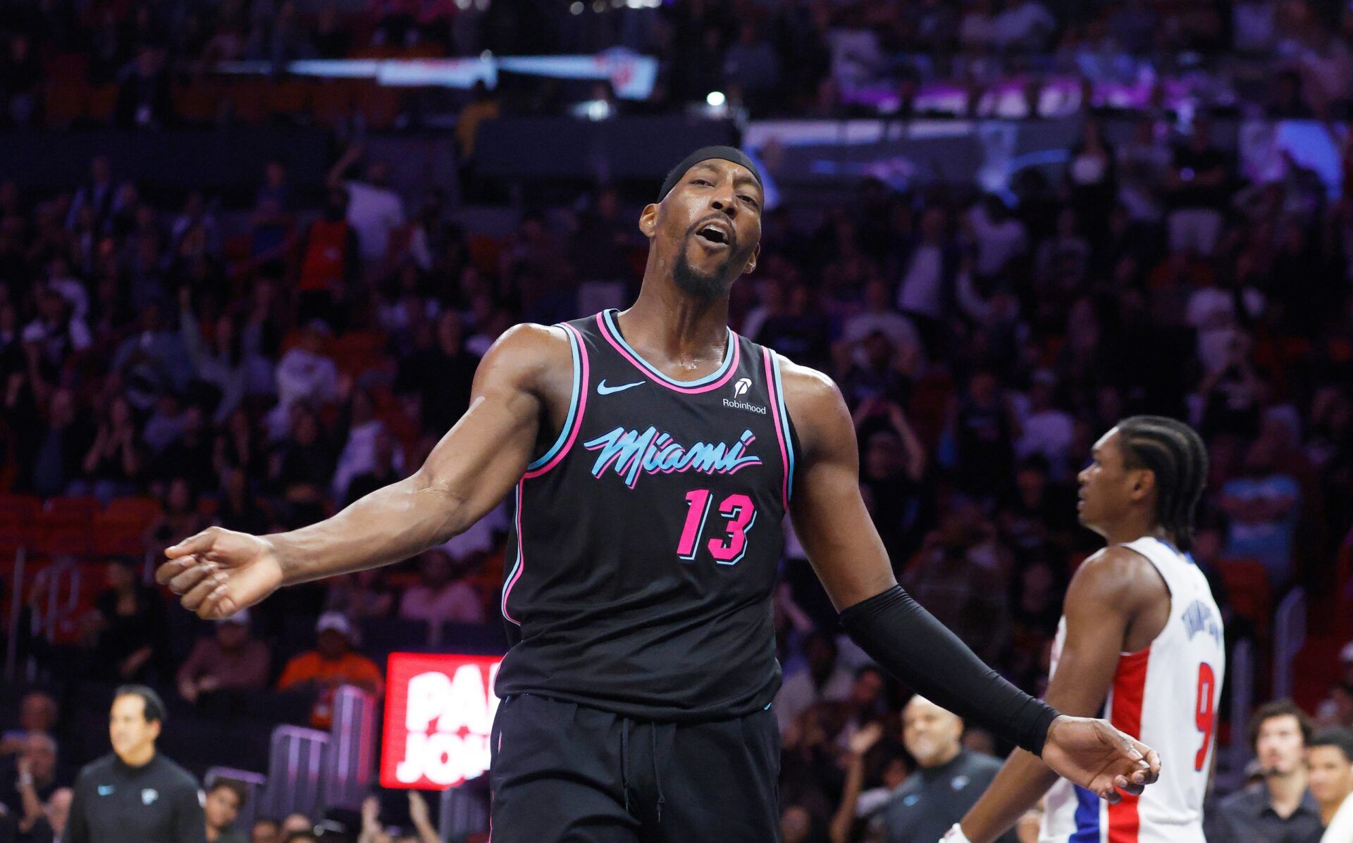 Miami Heat center Bam Adebayo (13) reacts against the Detroit Pistons during the second half at Kaseya Center.