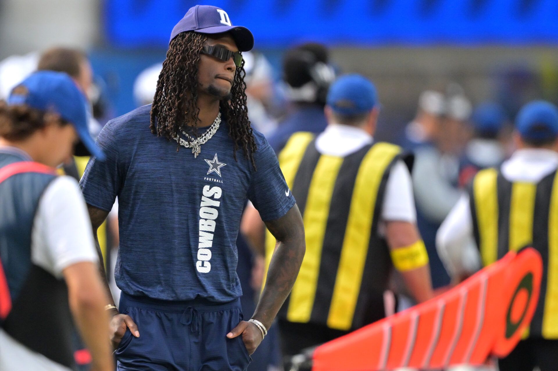 Dallas Cowboys wide receiver CeeDee Lamb (88) looks on from the sidelines during the game against the Los Angeles Rams at SoFi Stadium.