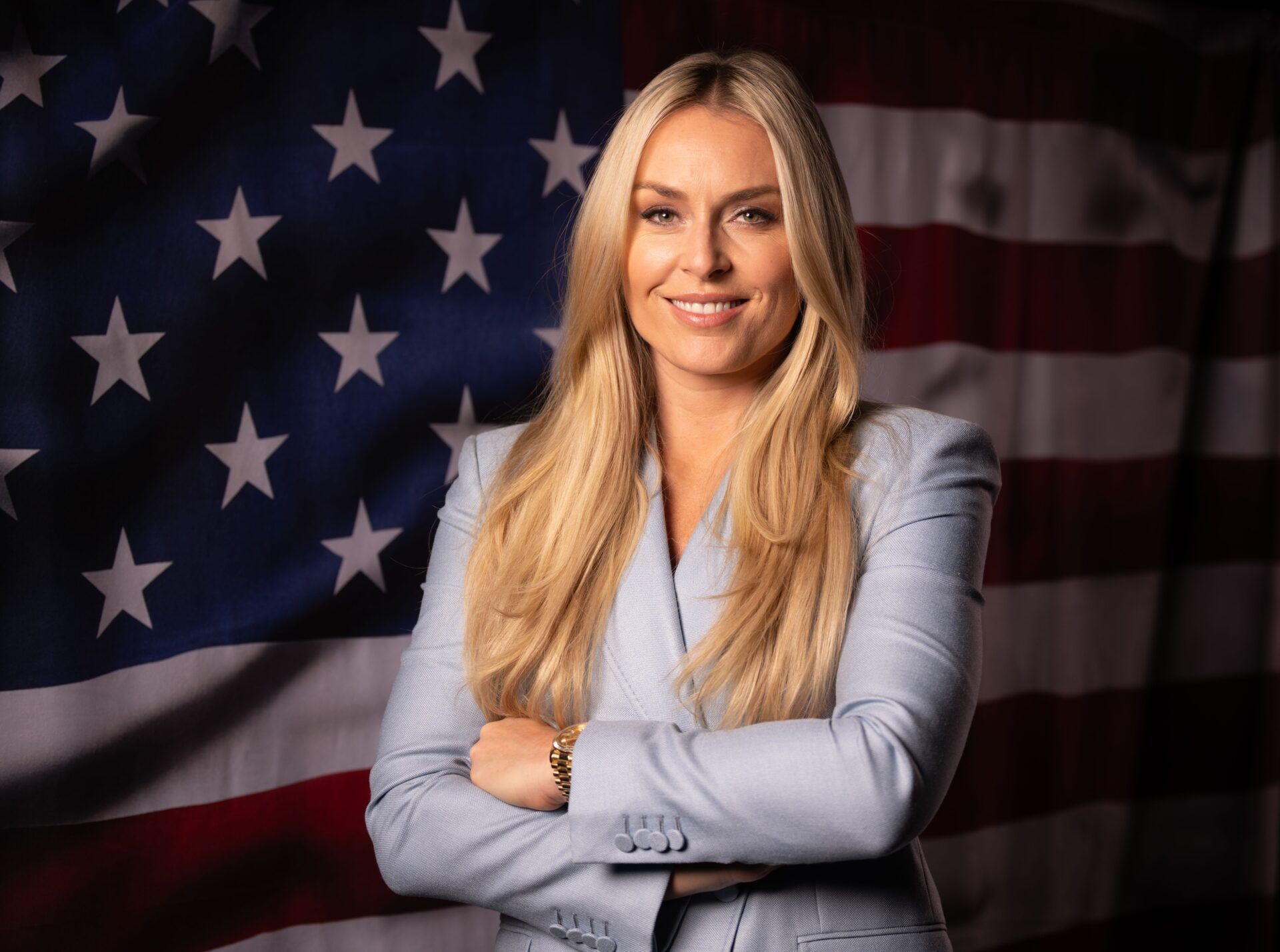 Lindsey Vonn poses for a photo during the U.S. Olympic Team Media Summit in preparation for the 2026 Milan Olympic Winter Games at Javits Center.