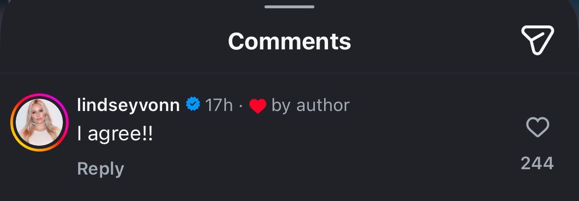 Screenshot of Vonn's two-word comment 