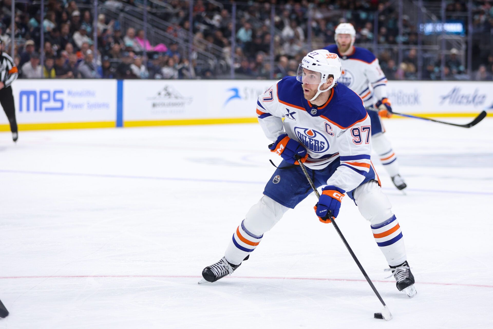 Edmonton Oilers center Connor McDavid (97) controls the puck in the second period against the Seattle Kraken at Climate Pledge Arena.