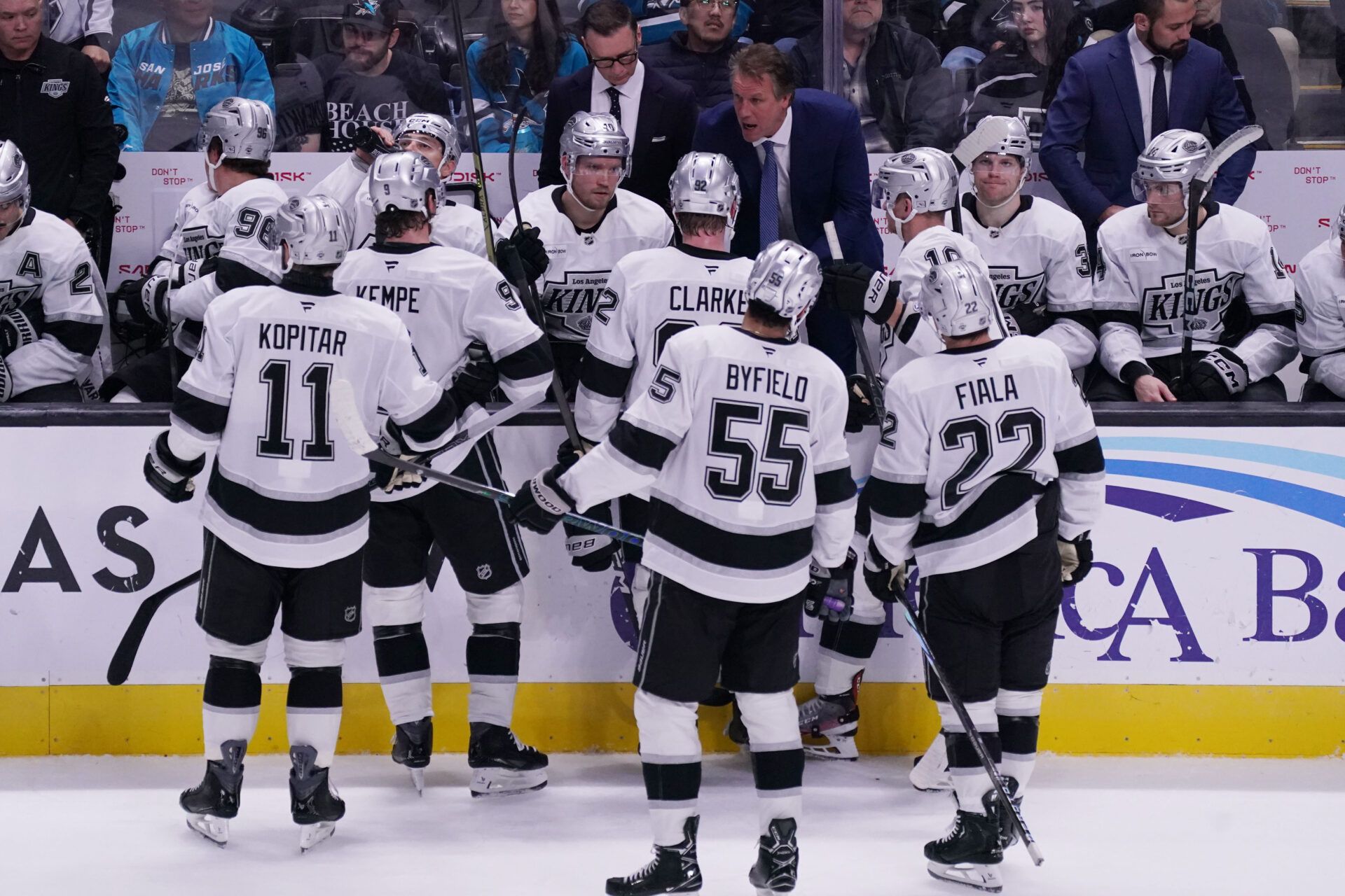 Los Angeles Kings head coach Jim Hiller talks with center Anze Kopitar (11), right winger Adrian Kempe (9), defenseman Brandt Clarke (92), right winger Quinton Byfield (55), left winger Kevin Fiala (22) and the team in the third period against the San Jose Sharks at SAP Center in San Jose.