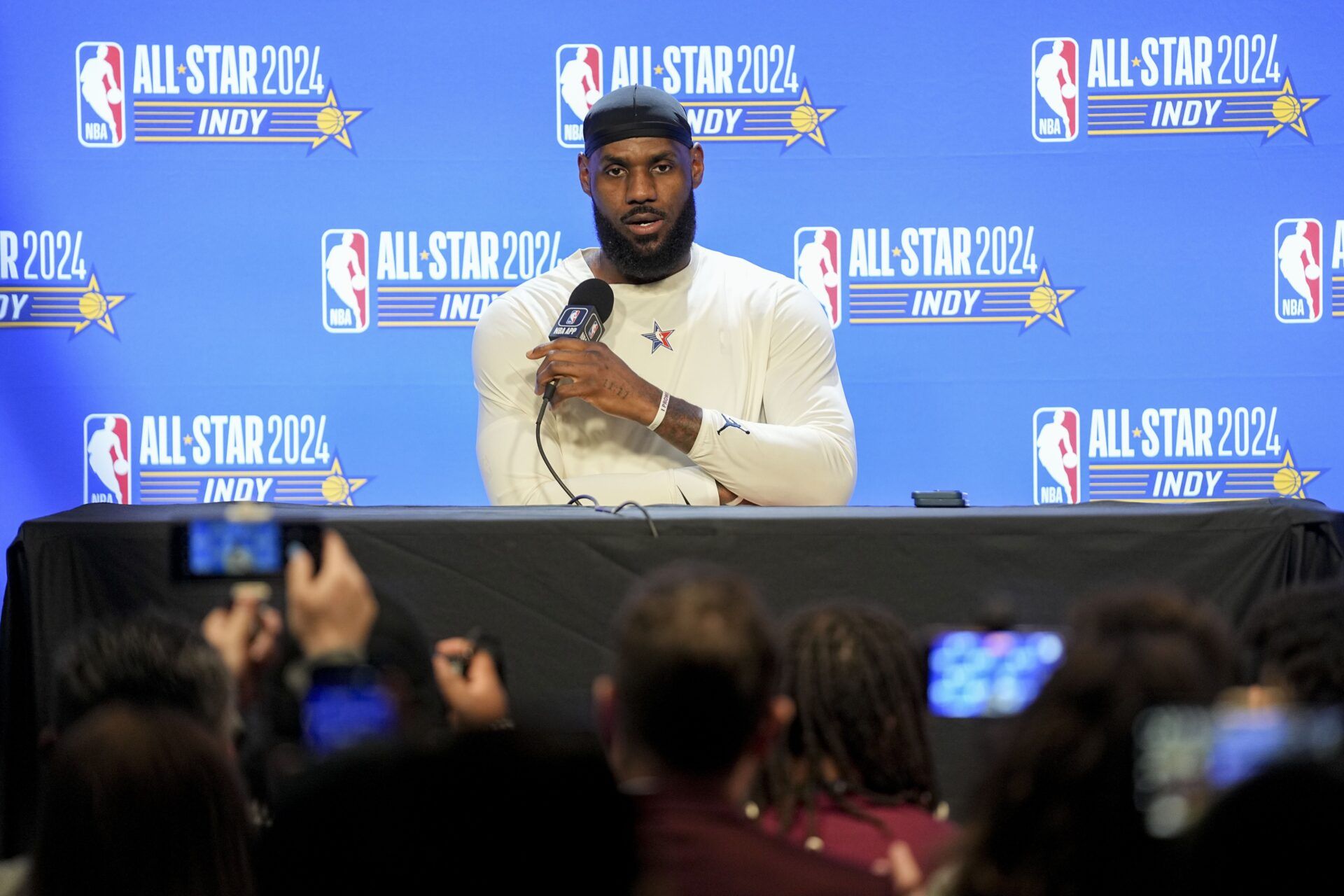 Western Conference forward LeBron James (23) of the Los Angeles Lakers talks to media before the 73rd NBA All Star game at Gainbridge Fieldhouse.