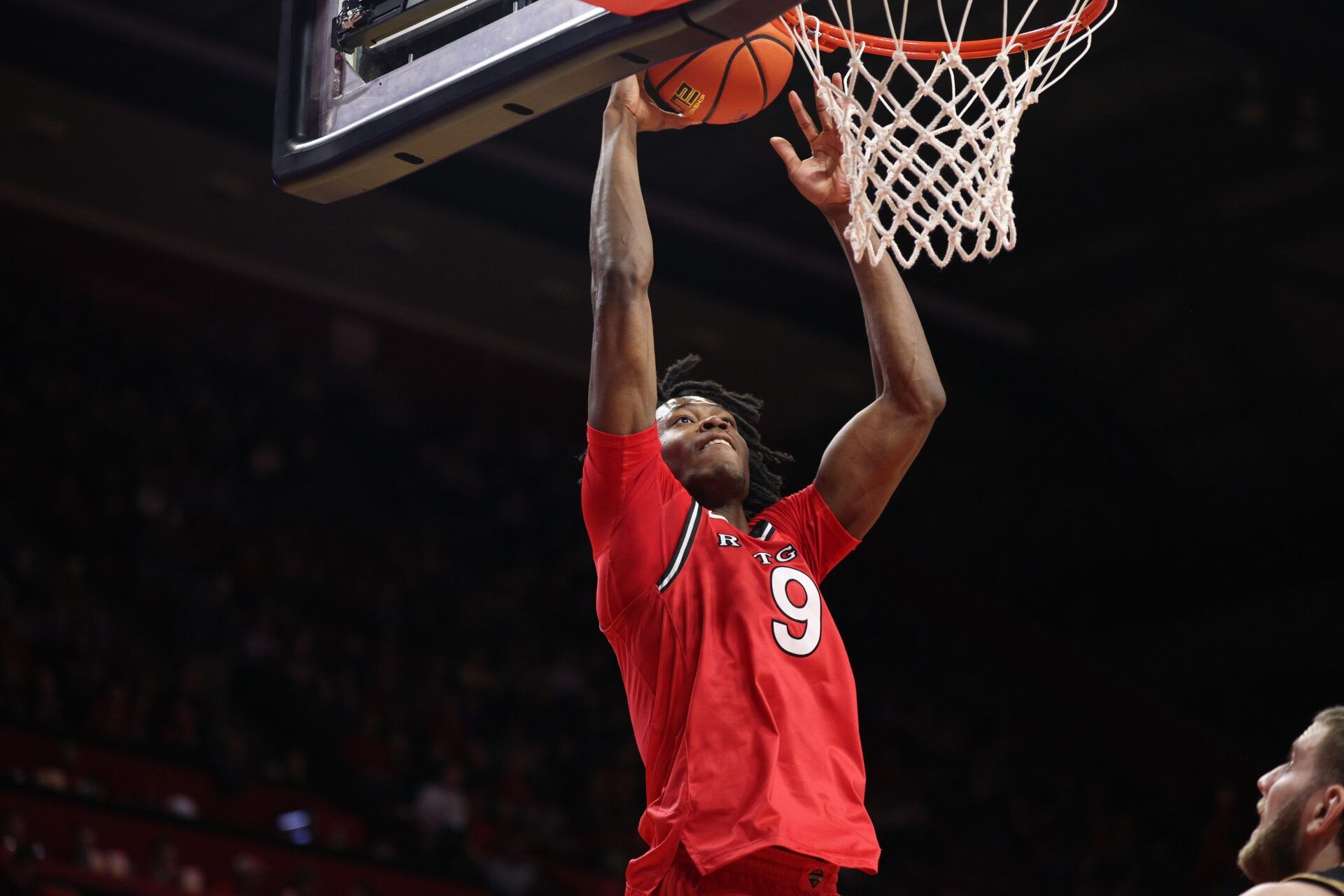 Rutgers Scarlet Knights forward Dylan Grant (9) goes up for a dunk during the second half against the Purdue Boilermakers at Jersey Mike's Arena.