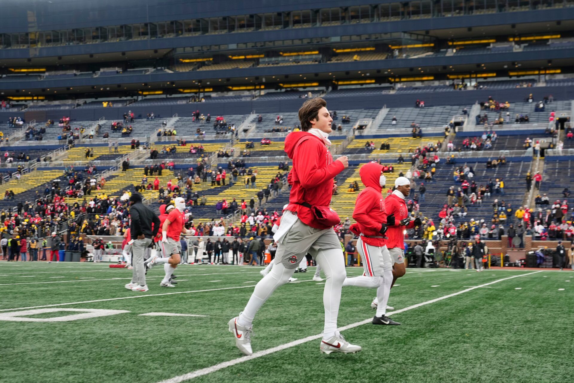 Ohio State Buckeyes quarterback Julian Sayin (10) warms up during the NCAA football game against the Michigan Wolverines at Michigan Stadium in Ann Arbor, Mich. on Nov. 29, 2025. Ohio State won 27-9.