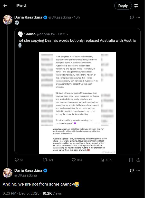 Kasatkina's response to her own tweet
