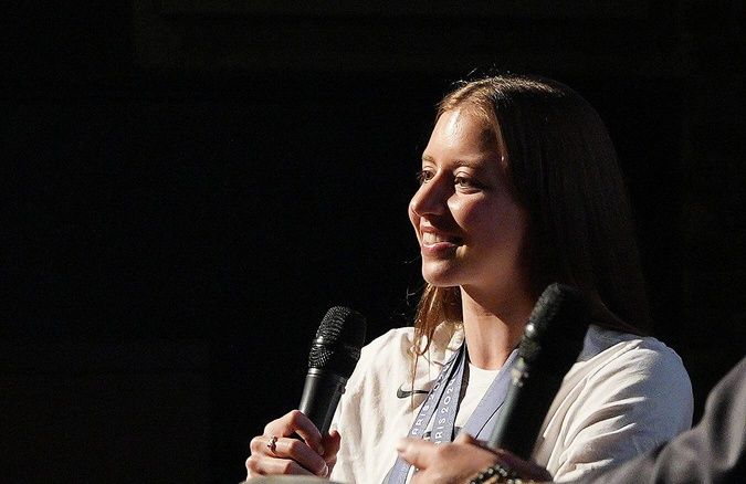 Olympic medalist Kate Douglass answers questions from her young fans after she returned to her hometown of Pelham where she was welcomed by a crowd of fans and community members at The Pelham Picture House Nov. 19, 2024.
