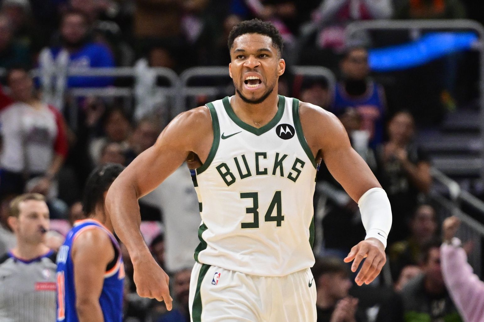 Milwaukee Bucks forward Giannis Antetokounmpo (34) reacts after scoring a basket in the 3rd quarter against the New York Knicks at Fiserv Forum.