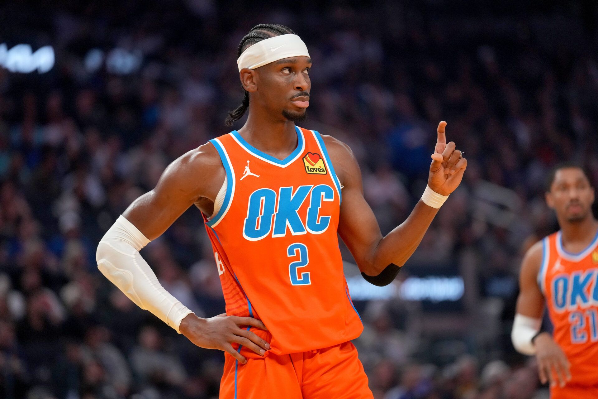 Oklahoma City Thunder guard Shai Gilgeous-Alexander (2) looks towards the team bench during a break in the action against the Golden State Warriors in the first quarter at the Chase Center.