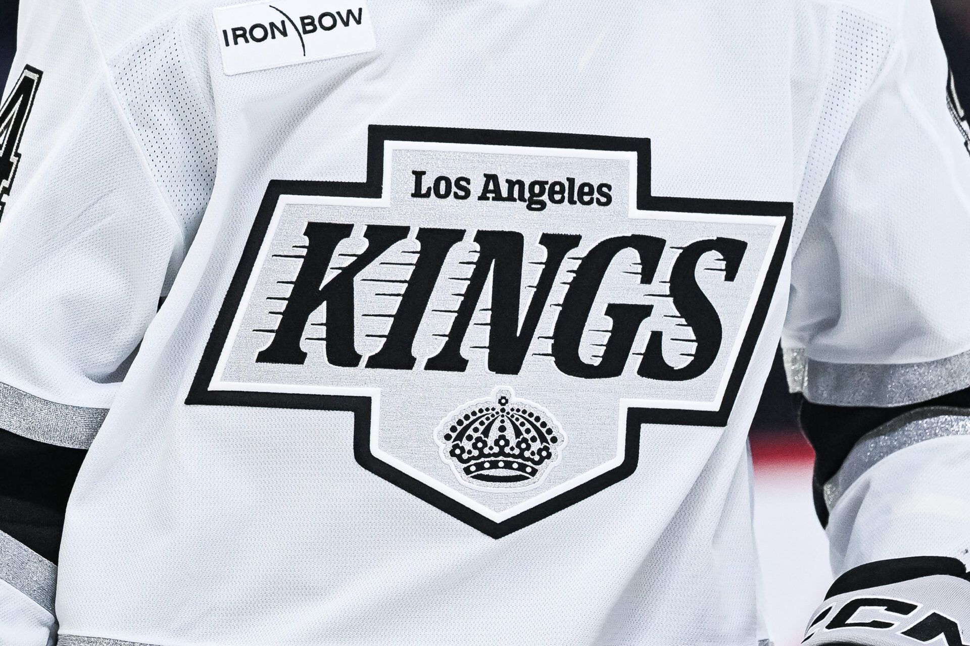 View of a Los Angeles Kings logo on a jersey worn by a member of the team during the third period at Bell Centre.