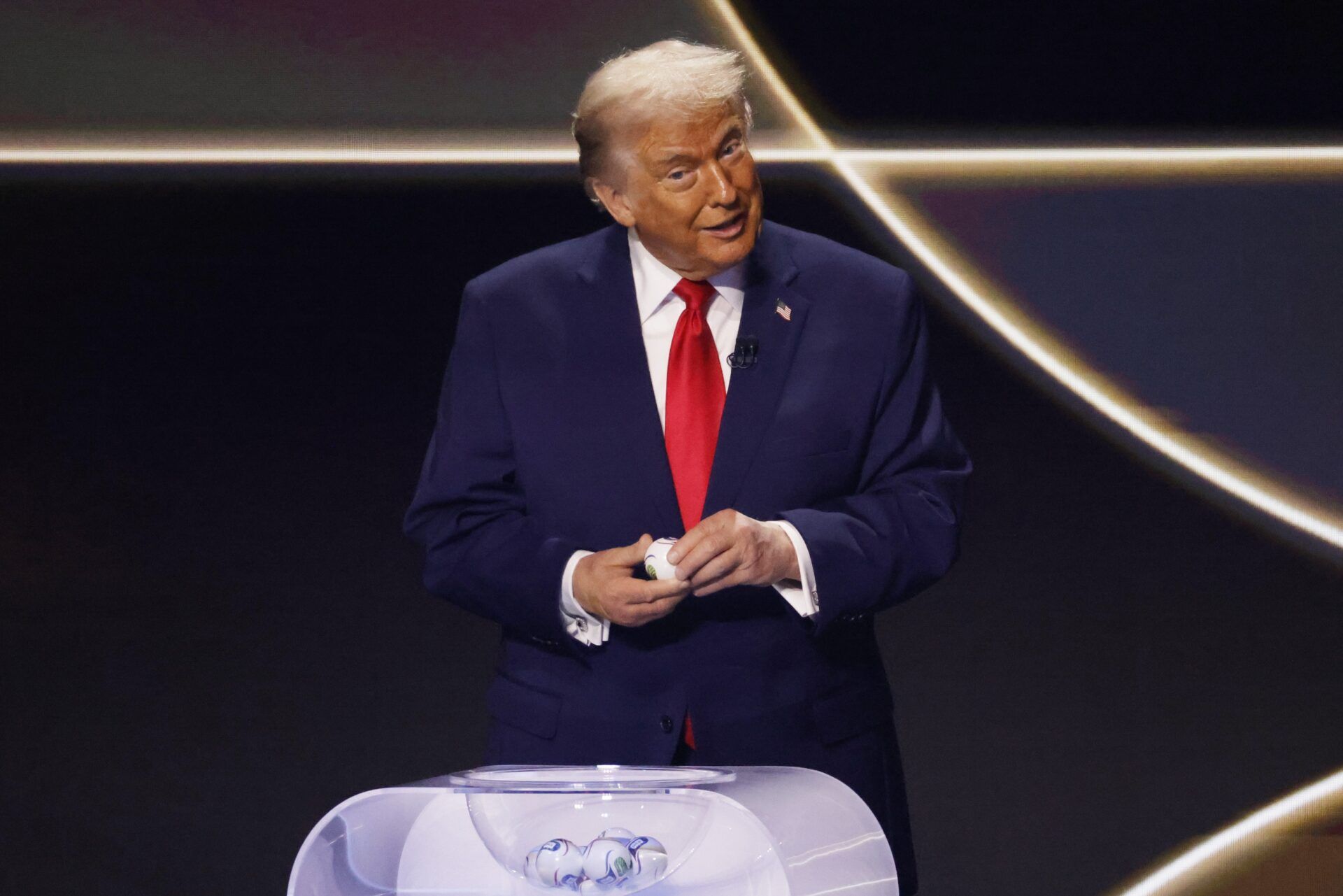 United States president Donald Trump on stage during the FIFA World Cup 2026 Final Draw at John F. Kennedy Center for the Performing Arts.