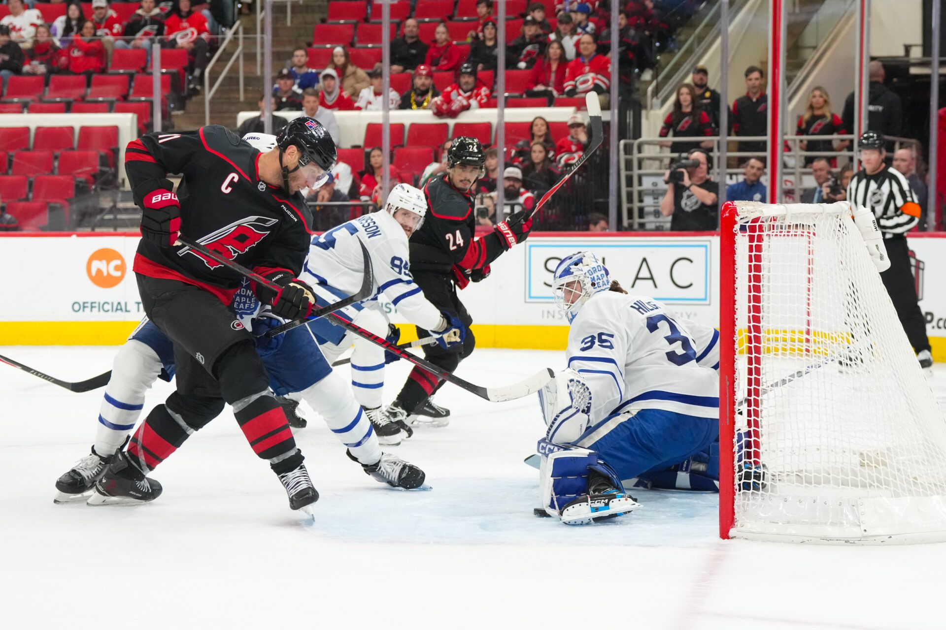 Toronto Maple Leafs goaltender Dennis Hildeby (35) stops the scoring attempt by Carolina Hurricanes center Jordan Staal (11) during the third period at Lenovo Center.