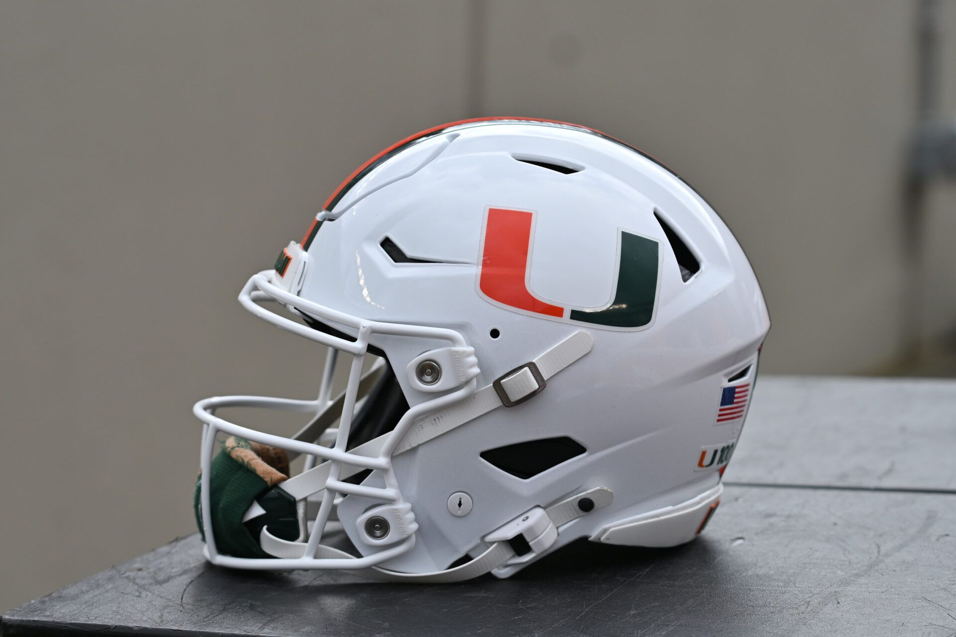 A Miami (FL) Hurricanes helmet before the game at Lane Stadium.