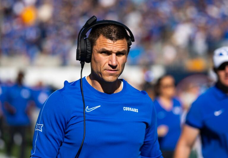 Brigham Young Cougars special teams coordinator Kelly Poppinga against the Arizona State Sun Devils at Mountain America Stadium.