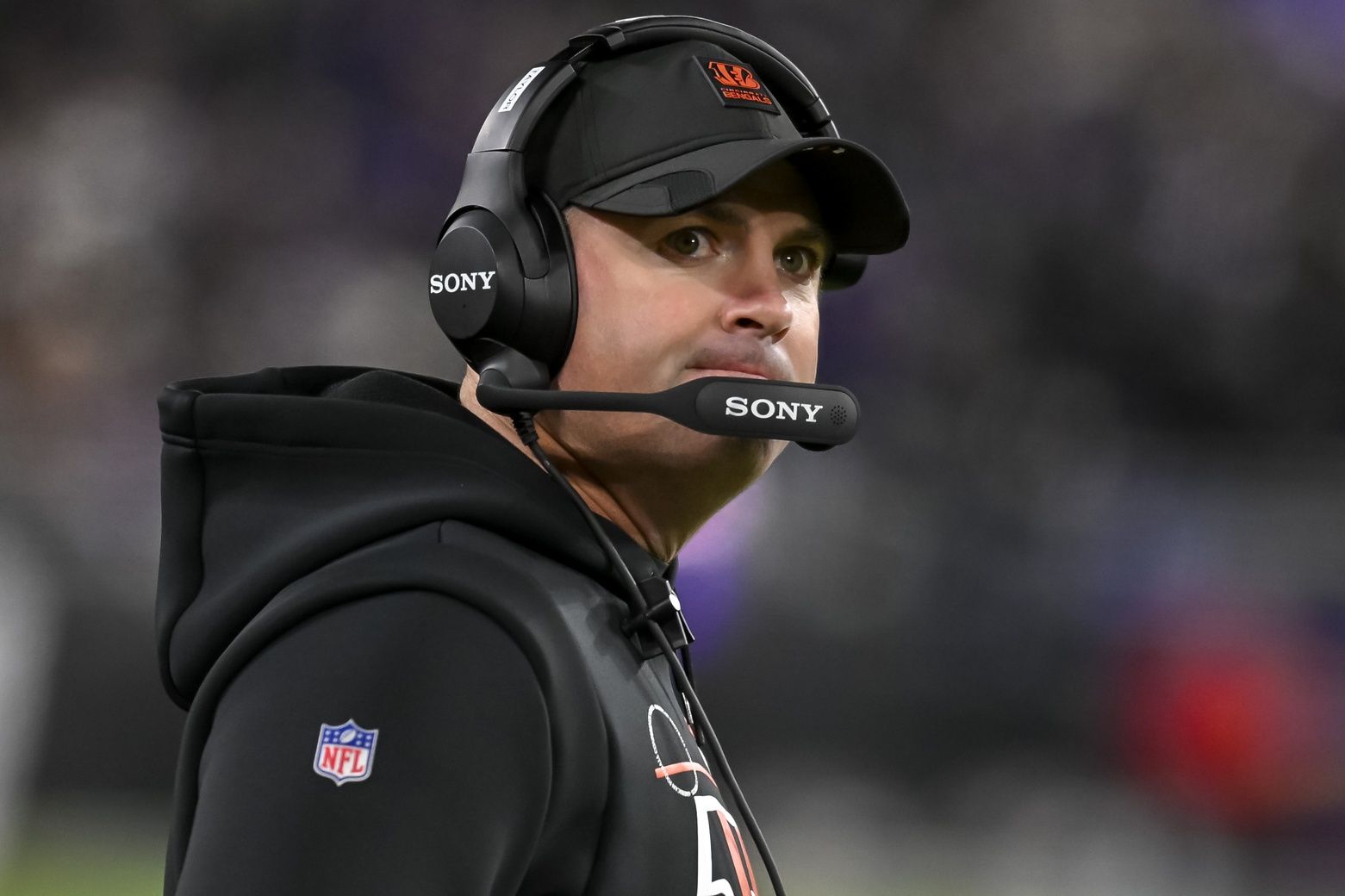 Cincinnati Bengals head coach Zac Taylor (hc) looks down the sidelines during the game against the Baltimore Ravens at M&T Bank Stadium.