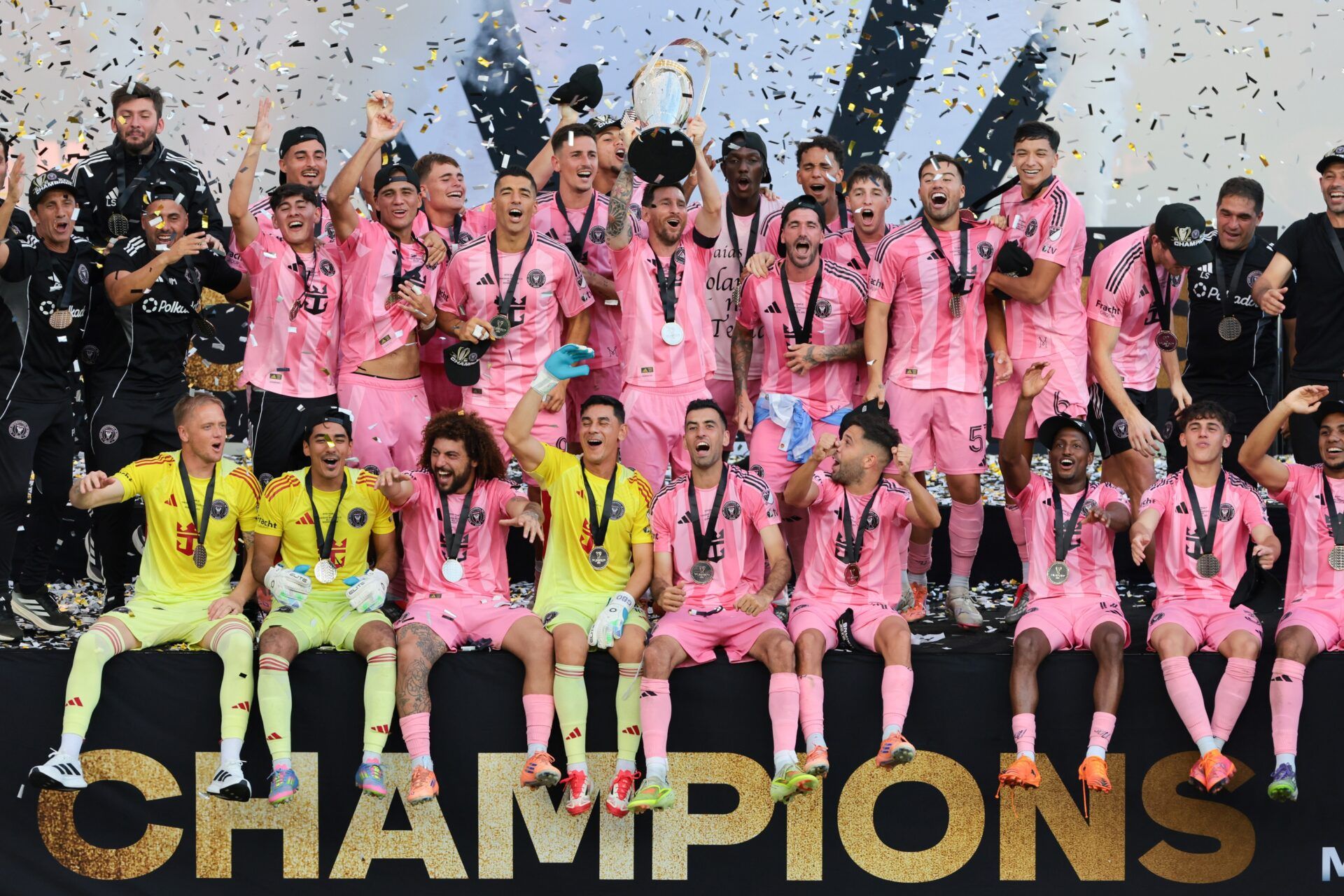 Inter Miami forward Lionel Messi (10) lifts the Philip F. Anschutz trophy after winning the 2025 MLS Cup against the Vancouver Whitecaps FC at Chase Stadium.